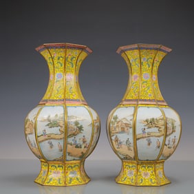 A Exquisite A pair of Coppery Enamel Lotus Pattern Landscape and Figure Pattern Vase