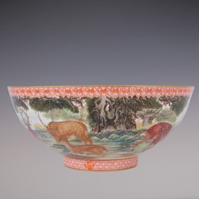An Exquisite Famille-Rose Iron-Red Bats and Peach Pattern Sika Deer Pattern Bowl