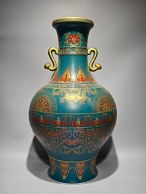 An Exquisite Green Glazed Painted Gold Dragon and Phoenix Pattern Beast-Face Pattern Flower Pattern