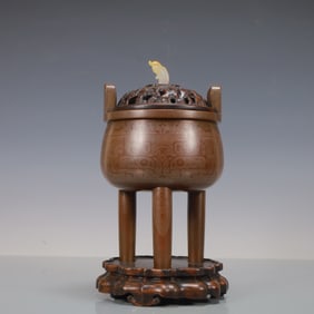 A Exquisite Coppery Inlaid White Jade Beast-Face Pattern Double-Ears and Tripod Censer