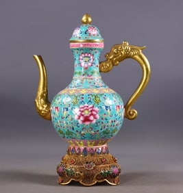 An Exquisite Enamel Inlaid Gilt Bronze Lotus Pattern Ewer