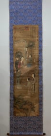 A Chinese Vertical Scroll Ink Painting of Character and Story on Silk