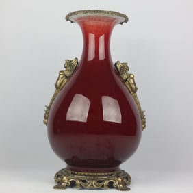 An Exquisite Lang Red Glazed Inlaid Bronze Double-Ears Vase