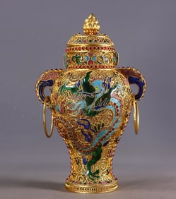 An Exquisite Gilt Bronze Inlaid Gems Dragon Pattern Double-Ears Vase