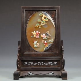 A Exquisite Zitanwood Inlaid Agate Character and Story Pattern Screen