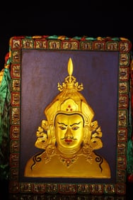 An Exquisite Wooden Inlaid Gems Statue of Padma Sambhava Tangka