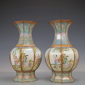 A Exquisite A pair of Coppery Enamel Lotus Pattern Character and Story Pattern Vase