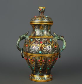 An Exquisite Bronze Inlaid Gold and Silver Inlaid Turquoise Dragon Pattern With Inscription