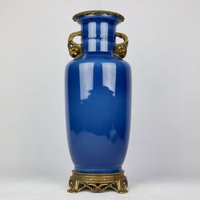 An Exquisite Ji Blue Glazed Inlaid Bronze Double-Ears Vase