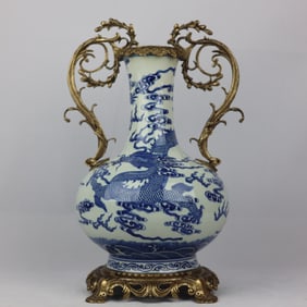 An Exquisite Blue and White Inlaid Bronze Dragon Pattern Seawater Pattern Double-Ears Vase