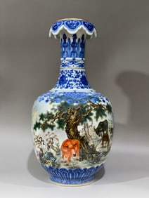 An Exquisite Blue and White Lotus Pattern Pine and Crane Pattern Buffalo Pattern Vase