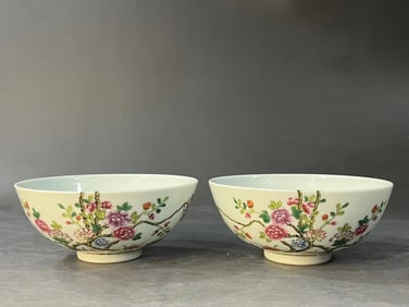 A Pair of Exquisite Famille-Rose Flower and Butterfly Pattern Bowl