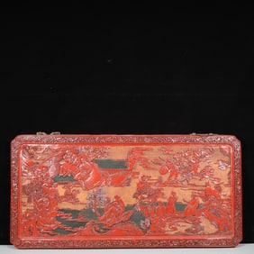 A Exquisite Carved Red Lacquer Lotus Pattern Landscape and Figure Pattern Hanging Panel