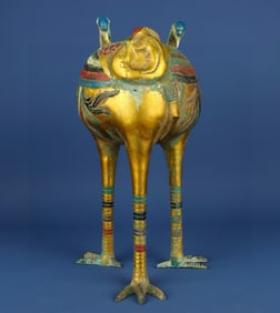 An Exquisite Gilt Bronze Painted Color Tripod Crane-Shaped Censer