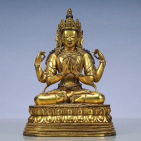 A Exquisite Gilt Bronze Four-arms Statue of Avalokitesvara