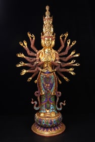 An Exquisite Gilt Bronze Inlaid Gems Statue of Thousand-hand Guanyin
