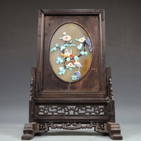 A Exquisite Zitanwood Inlaid Agate Flower Pattern with poem Screen