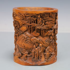 A Exquisite Boxwood Character and Story Pattern Brush Pot