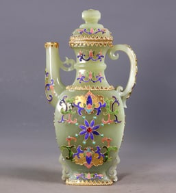 An Exquisite White Jade Inlaid Gilt Silver Lotus Pattern Ewer
