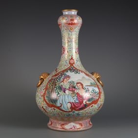 An Exquisite Enamel Lotus Pattern Character and Story Pattern Double-Ears Vase