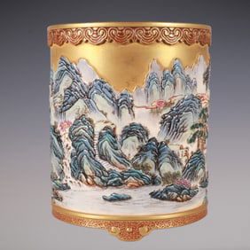 An Exquisite Enamel Landscape Pattern Brush Pot