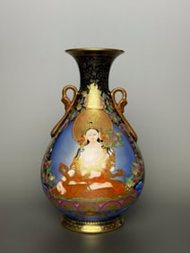 An Exquisite Enamel Painted Gold Buddha Statue Pattern Double-Ears Vase