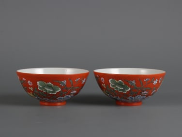 A Pair of Exquisite Enamel Coral Red Glazed Flower Pattern Cup