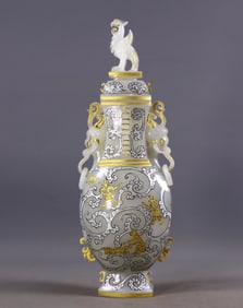 An Exquisite White Jade Gilt Painted Color Auspicious Beast Pattern Double-Ears Vase