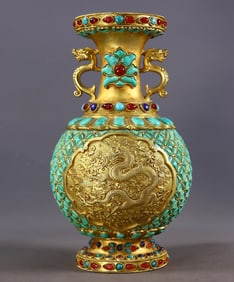An Exquisite Gilt Bronze Inlaid Turquoise Dragon Pattern Double-Ears Vase