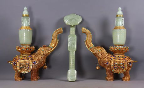 A Set of Fine Gilt Bronze Inlaid White Jade Elephant-Shaped Vase Inlaid White Jade Character and