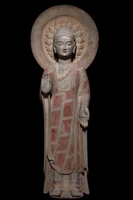 An Exquisite Limestone Painted Color Buddha Statue