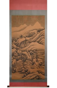 A Chinese Vertical Scroll Ink Painting of Landscape on Silk