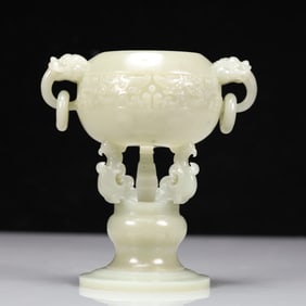 An Exquisite Green Jade Dragon Pattern Double-Ears and Tripod Censer