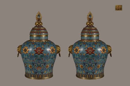 A Pair of Exquisite Cloisonne Lotus Pattern Double-Ears Jar