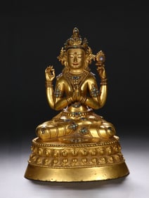 An Exquisite Gilt Bronze Inlaid Gems Four-arms Statue of Avalokitesvara