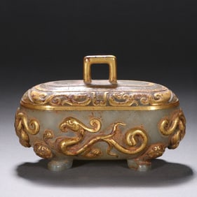 An Exquisite White Jade Cover with Gold Dragon Pattern Beast-Face Pattern Box