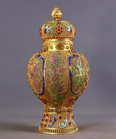 An Exquisite Gilt Bronze Inlaid Gems Flower Pattern Jar