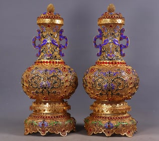 A Pair of Exquisite Gilt Bronze Inlaid Gems Lotus Pattern Double-Ears Vase