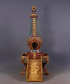 An Exquisite Gilt Bronze Inlaid Gems Dragon Pattern Pagoda