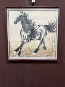 A Chinese Ink Painting of Horse on Paper With Frame