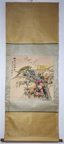 A Chinese Vertical Scroll Ink Painting of Flower and Bird on Silk