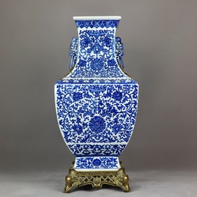An Exquisite Blue and White Inlaid Bronze Lotus Pattern Double-Ears Vase