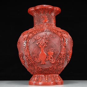 A Exquisite Carved Red Lacquer Lotus Pattern Flower Pattern Vase