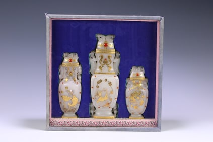 A Set of Fine White Jade Inlaid Gems Painted Gold Fish Pattern Double-Ears Vase