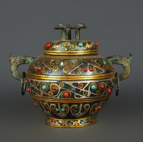 An Exquisite Bronze Inlaid Gold and Silver Inlaid Turquoise With Inscription Double-Ears Jar
