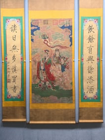 A Chinese Vertical Scroll Ink Painting of Character and Story on Silk