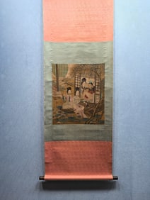 A Chinese Vertical Scroll Ink Painting of Character and Story on Silk