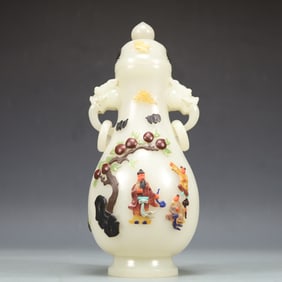 A Exquisite White Jade Character and Story Pattern Double-Ears Vase