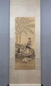 A Chinese Vertical Scroll Ink Painting of Character and Story on Paper