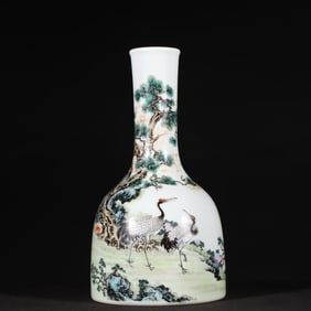 An Exquisite Famille-Rose Pine and Crane Pattern with poem Vase